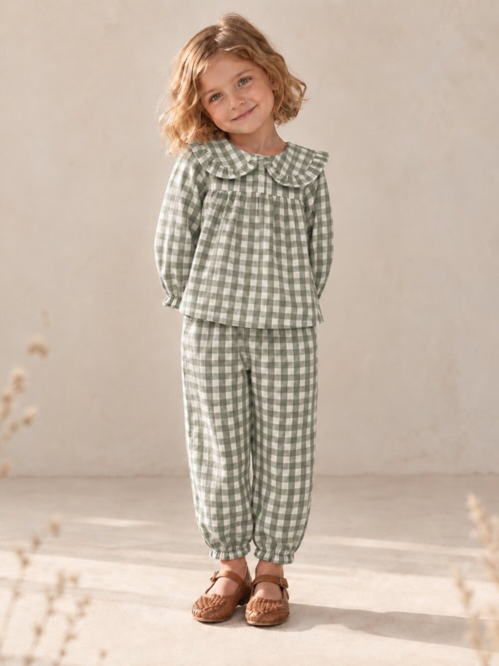 Sage Gingham Cottagecore Peter Pan Collar Top and Ruffle Pants Set